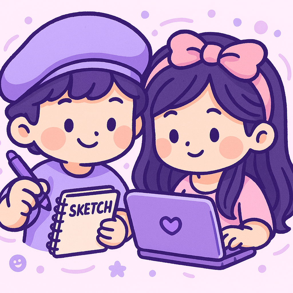 Fibo Nix founders creating coloring books together – cute illustration